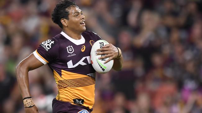 Selwyn Cobbo strides away to score for the Broncos. Daine Laurie’s social media reaction to the try has caused a stir. Picture: NRL Images.