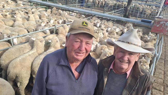 Bill Holden, from Deniliquin, NSW, sold 660 second-cross suckers at the Deniliquin prime market on Tuesday, with the lead pen topping at $250. He is pictured with agent Ian Geddes of Elders.