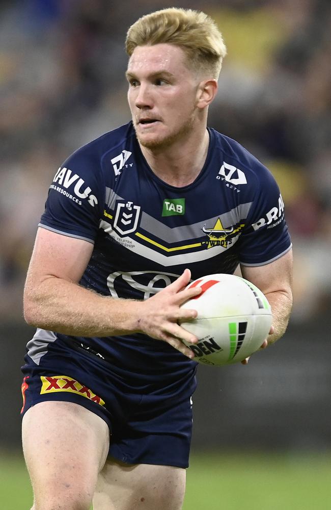 Tom Dearden during the round 18 NRL match between North Queensland Cowboys and Wests Tigers at Qld Country Bank Stadium on July 01, 2023 in Townsville, Australia. (Photo by Ian Hitchcock/Getty Images)