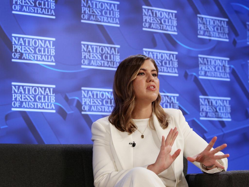 Brittany Higgins, a former Liberal Party staff member, addresses the media at the National Press Club. Picture: Lisa Maree Williams/Getty Images