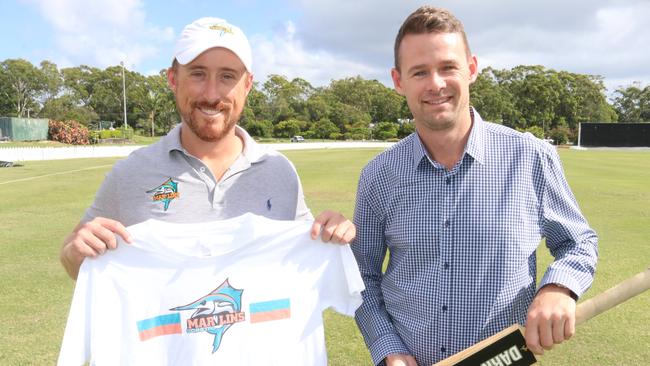 Coastal Marlins co-founder Nick Fitzpatrick with Tewantin-Noosa club president and player Jarrod Officer. Picture: Tom Threadingham