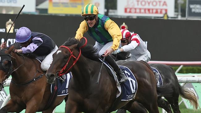 SYDNEY, AUSTRALIA - OCTOBER 19: Chad Schofield riding Ceolwulf wins Race 9 King Charles III Stakes during Sydney Racing - The Everest Day at Royal Randwick Racecourse on October 19, 2024 in Sydney, Australia. (Photo by Jeremy Ng/Getty Images)