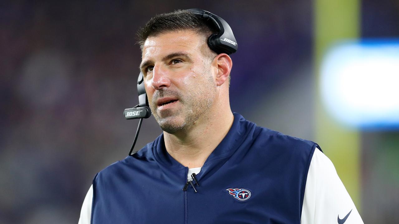 BALTIMORE, MARYLAND - JANUARY 11: Head coach Mike Vrabel of the Tennessee Titans looks on during the second half against the Baltimore Ravens in the AFC Divisional Playoff game at M&amp;T Bank Stadium on January 11, 2020 in Baltimore, Maryland. (Photo by Maddie Meyer/Getty Images)