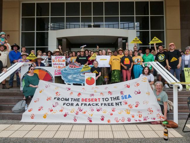 Protesters at an anti-fracking demonstration in Darwin ahead of a Supreme Court challenge against former Environment Minister Lauren Moss’s approval of Tamboran’s exploration fracking project in the Beetaloo. Picture: Pema Tamang Pakhrin