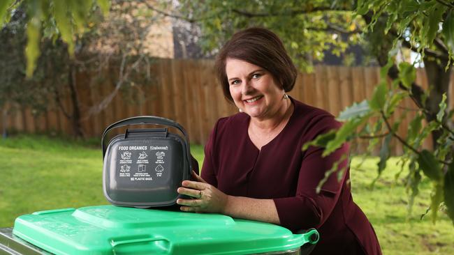 Paula Wriedt Kingborough Council Mayor with the new fogo bins to be rolled out in Kingborough. Picture: Nikki Davis-Jones