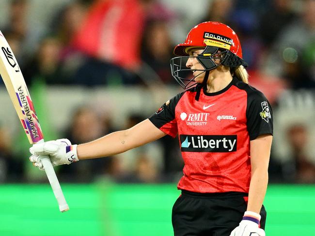 MELBOURNE, AUSTRALIA - NOVEMBER 15: Nicole Faltum of the Renegades celebrates reaching 50 runs during the WBBL match between Melbourne Stars and Melbourne Renegades at Melbourne Cricket Ground on November 15, 2024, in Melbourne, Australia. (Photo by Quinn Rooney/Getty Images)