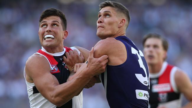 PERTH, AUSTRALIA - APRIL 07: Rowan Marshall of the Saints and Rory Lobb of the Dockers contest the ruck during the round three AFL match between the Fremantle Dockers and the St Kilda Saints at Optus Stadium on April 07, 2019 in Perth, Australia. (Photo by Paul Kane/Getty Images)