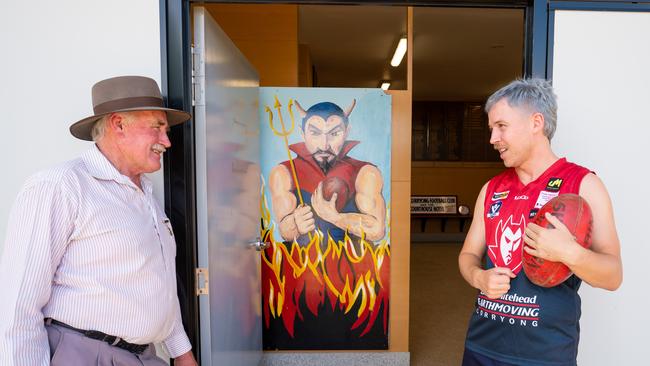 Gordon Nicholas (UMFNL President) and Patrick Riley (Corryong) at the door to the change rooms. Byline – Simon Dallinger