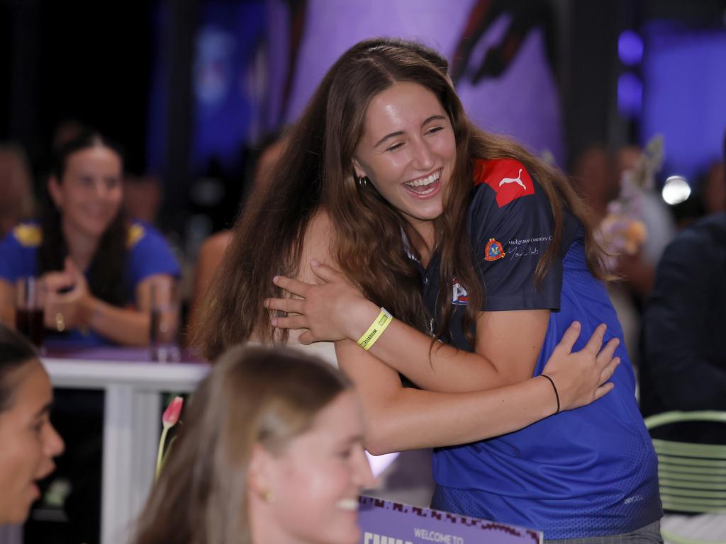 Emma McDonald (Oakleigh Chargers) celebrates after being drafted with pick 8 by the Western Bulldogs. (Photo by Dylan Burns/AFL Photos via Getty Images)