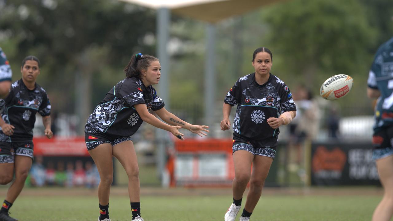 Ayesha Kay passes the ball for the Indigenous All Stars in the 2023 Deadly Cup Carnival women’s match. Picture: Pema Tamang Pakhrin