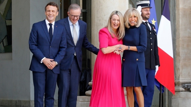 Mr Macron and his wife Brigitte welcomed Mr Albanese and his partner Jodie Hayton at the Elysee Palace on Friday. Picture: Getty Images