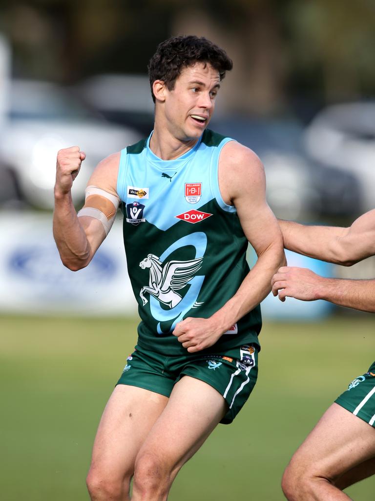 BFNL - Ammos v Drysdale.  Tom Gribble celebrates a goal for Geelong Amateurs. Picture: Mike Dugdale