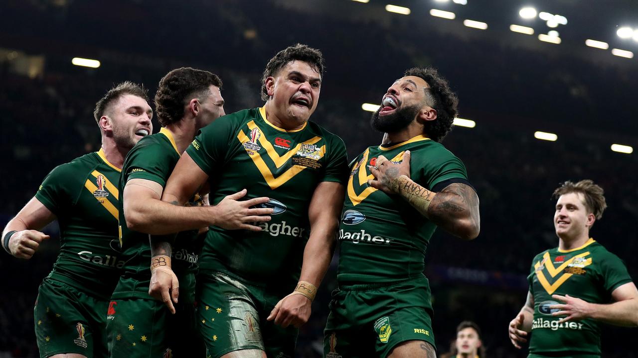 Latrell Mitchell of Australia celebrates after scoring another try during the Rugby League World Cup Final. (Photo by George Wood/Getty Images)