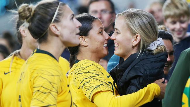 Sam Kerr celebrates Wednesday’s win with fans at AAMI Park. Picture: Getty Images