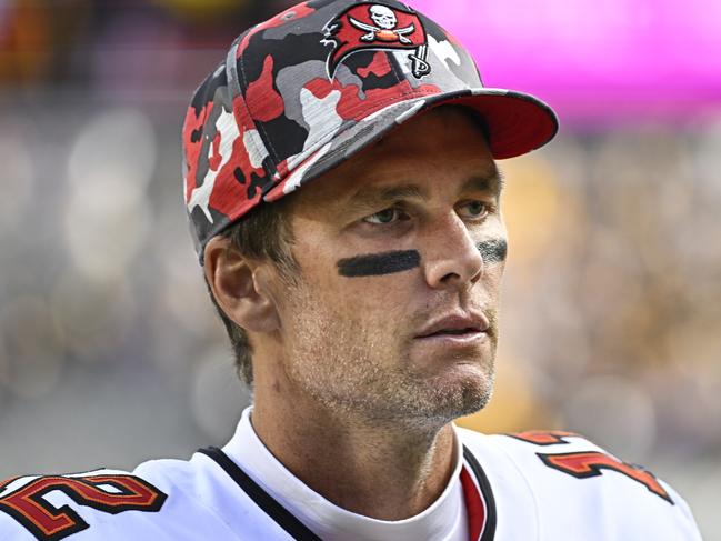 Tampa Bay Buccaneers quarterback Tom Brady (12) leaves the field looking disappointed after the game between the Tampa Bay Buccaneers and the Pittsburgh Steelers at Acrisure Stadium in Pittsburgh, PA on October 16, 2022. (Photo by Shelley Lipton/Icon Sportswire via Getty Images)