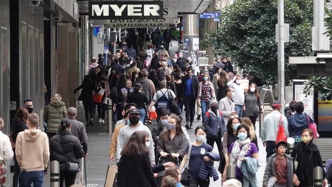 Crowds are back in the CBD with shoppers returning to Bourke St mall. Picture: Alex Coppel.