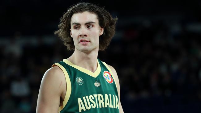 MELBOURNE, AUSTRALIA - AUGUST 14: Josh Giddey of the Boomers looks on during the match between Australia Boomers and Venezuela at Rod Laver Arena on August 14, 2023 in Melbourne, Australia. (Photo by Kelly Defina/Getty Images)