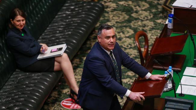 NSW Premier Gladys Berejiklian watches as Deputy Premier John Barilaro addresses question time in the NSW parliament on Tuesday. Picture Justin Lloyd