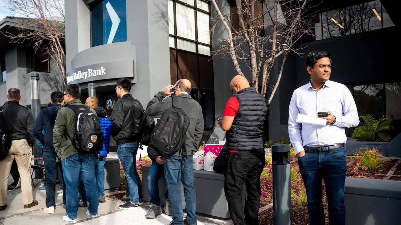 Customers outside a branch of Silicon Valley Bank in Santa Clara, California in March. Picture: AFP