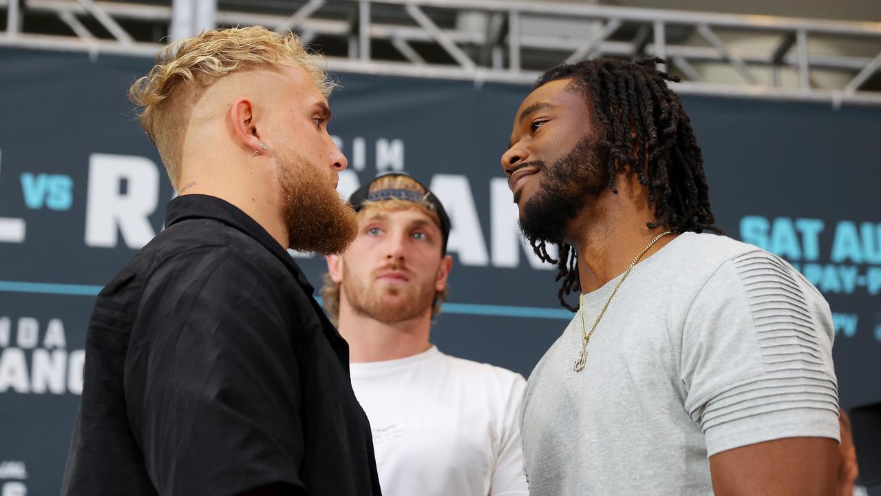 NEW YORK, NEW YORK - JULY 12: Jake Paul and Hasim Rahman face-off during a press conference at Madison Square Garden on July 12, 2022 in New York City.  (Photo by Mike Stobe/Getty Images)