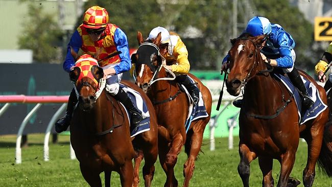 SYDNEY, AUSTRALIA - SEPTEMBER 14: Benjamin Osmond riding Firestorm wins Race 5 NSW Thoroughbred Breeders during Sydney Racing at Rosehill Gardens on September 14, 2024 in Sydney, Australia. (Photo by Jeremy Ng/Getty Images)