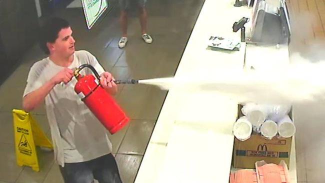 Police are seeking a man who allegedly blasted a McDonald's employee with a fire extinguisher. Picture: Supplied