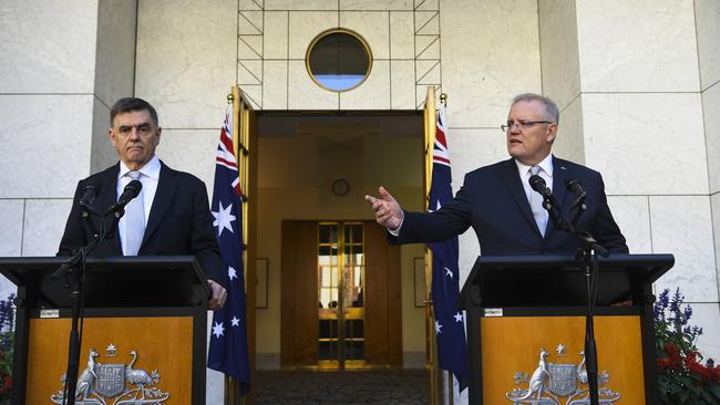 Australian Prime Minister Scott Morrison (right) and Australia's Chief Medical Officer Brendan Murphy this morning. Picture: AAP Image/Lukas Coch.