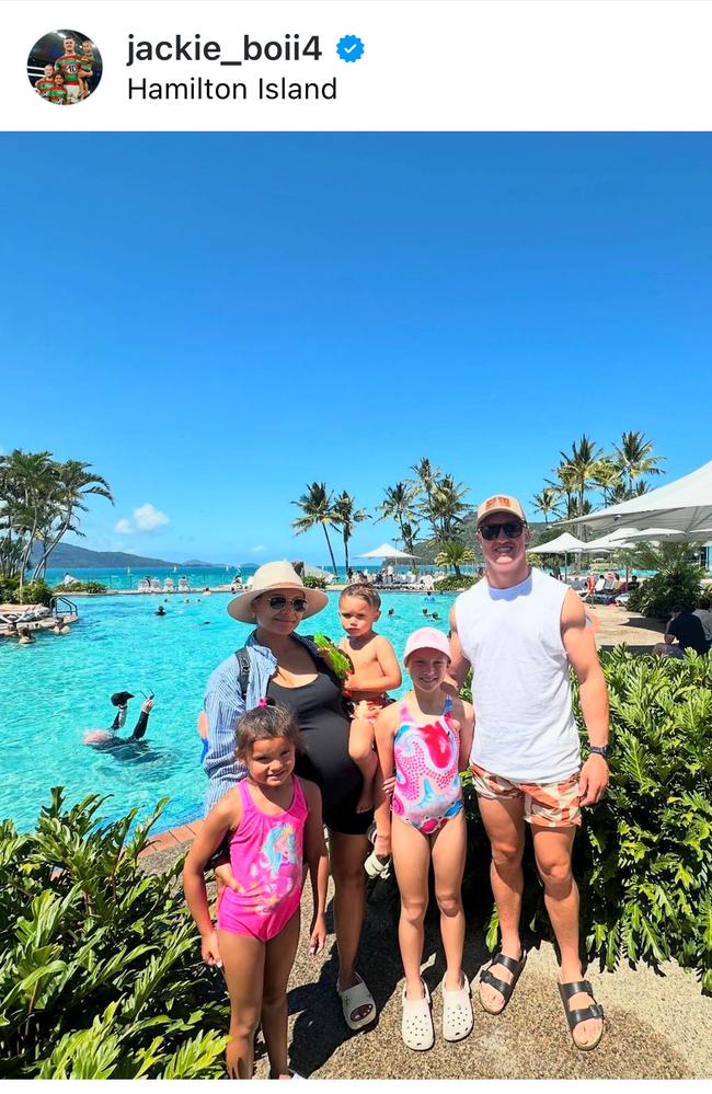 Rabbitohs star Jack Wighton and his wife Monisha are holidaying on Hamilton Island before the arrival of their fourth child.