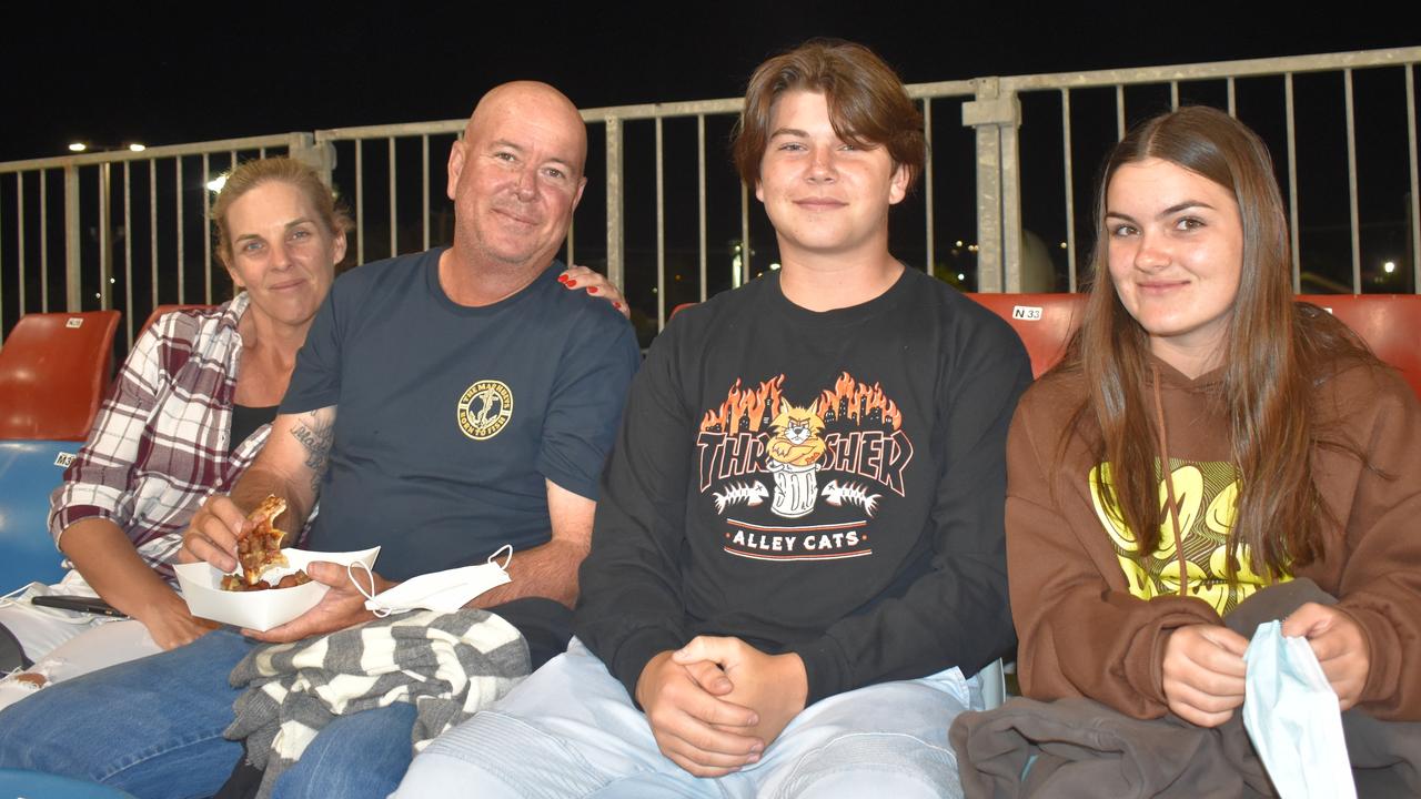 Sharon Pease (from left), Scott Pease, DJ Pease and Bella Pease at the Manly Sea Eagles v Sydney Roosters NRL semi final match at BB Print Stadium, Mackay, September 17, 2021. Picture: Matthew Forrest