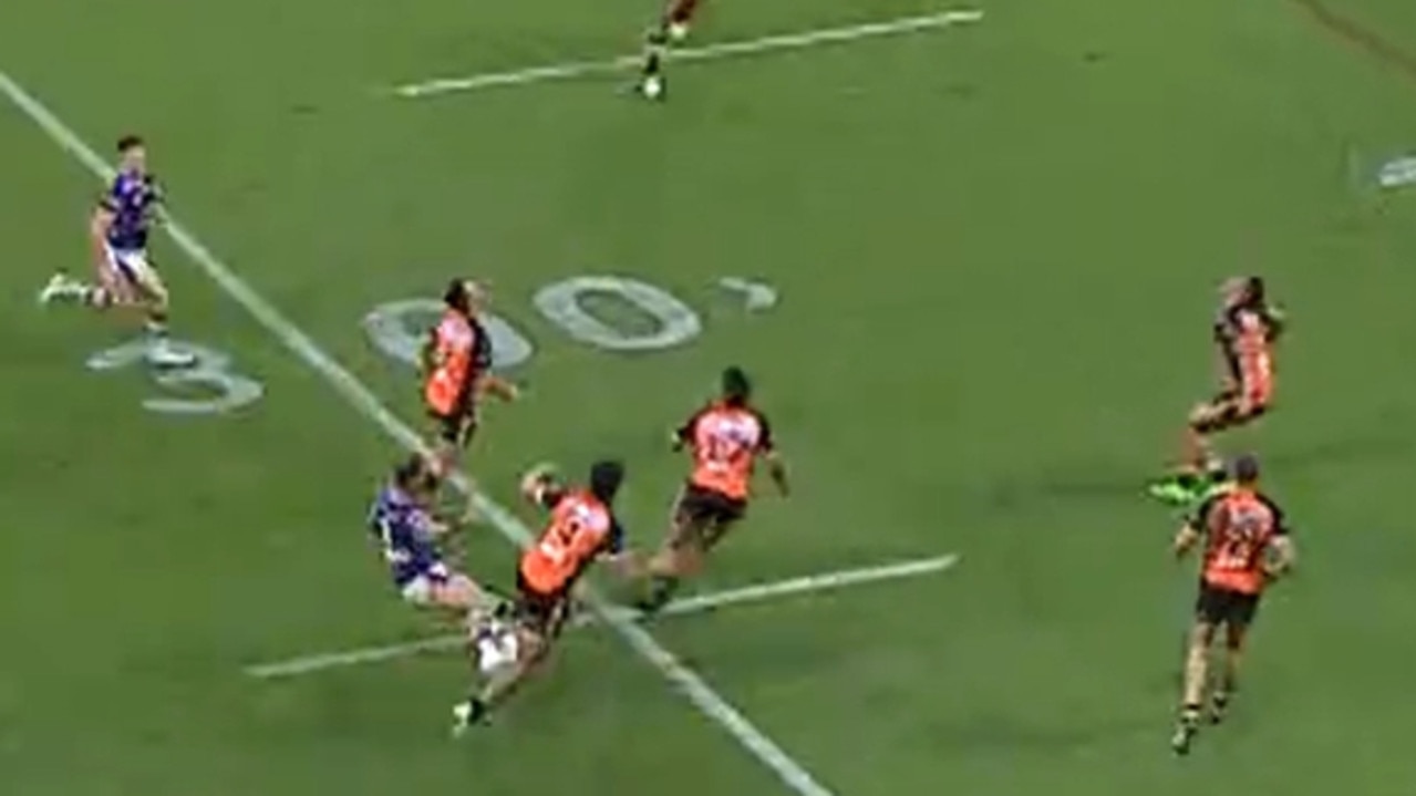 Screen grab of the controversial end to the game when the Cowboys’ Kyle Feldt and the Tigers’ Asu Kepaoa collide. Picture NRL.com