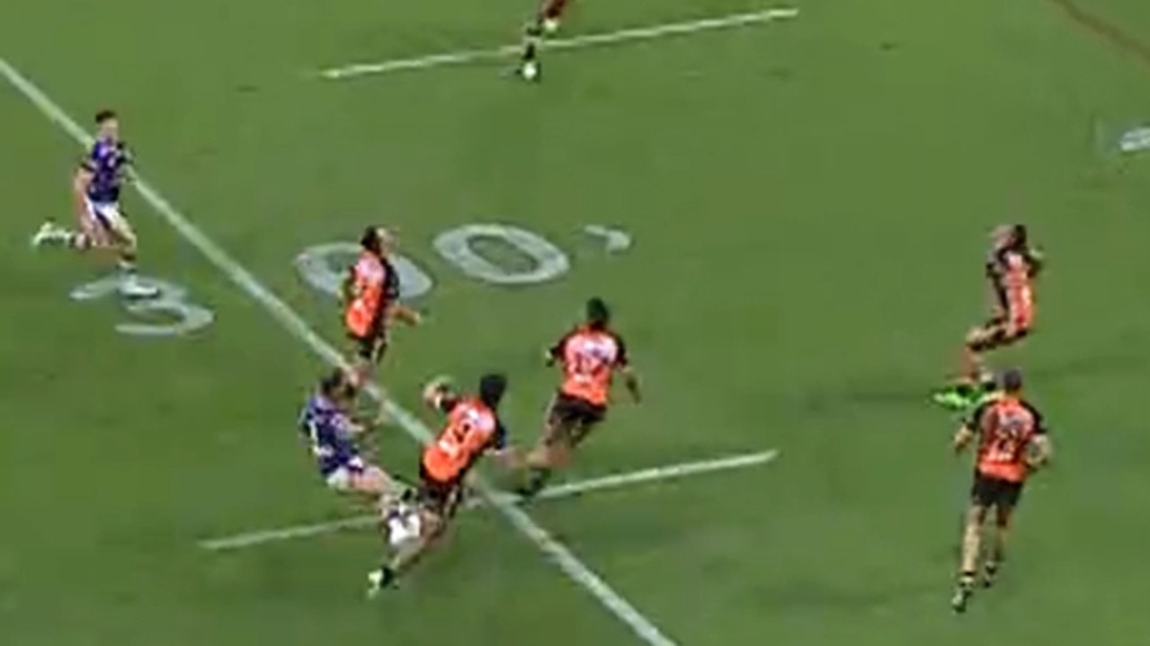 Screen grab of the controversial end to the game when the Cowboys’ Kyle Feldt and the Tigers’ Asu Kepaoa collide. Picture NRL.com