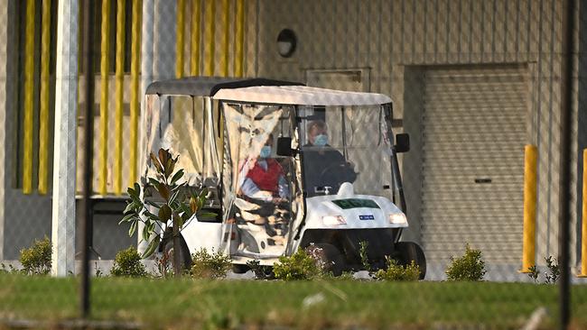 Facility workers inside the practically empty Queensland Regional Accommodation Centre in Wellcamp, west of Brisbane. Picture: Lyndon Mechielsen