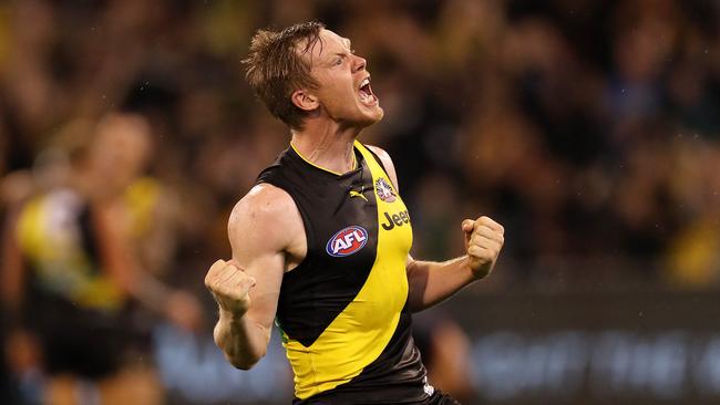 Jack Riewoldt lets out a scream after Richmond’s win. Picture: Michael Klein