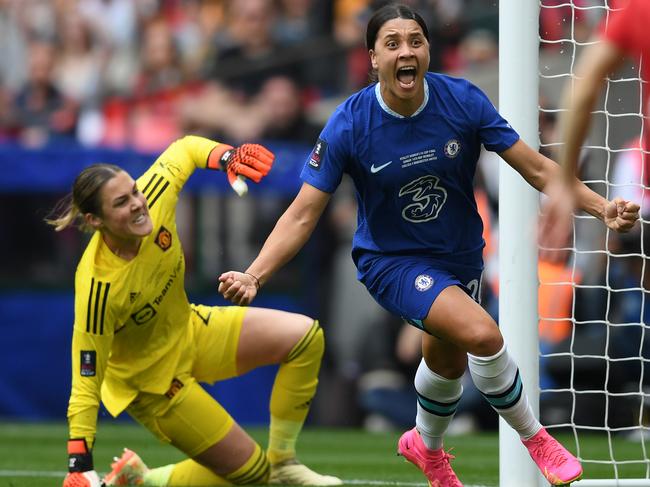 Sam Kerr beats Mary Earps to hand Chelsea a thrilling FA Cup final win over Manchester United this season. Picture: Harriet Lander – Chelsea FC/Chelsea FC via Getty Images