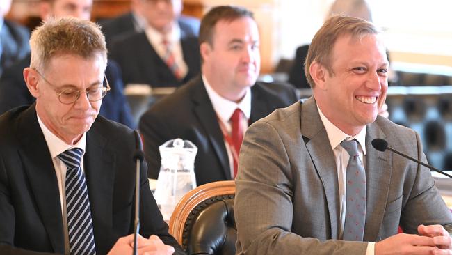 Department of Premier and Cabinet director-general Mike Kaiser and Premier Steven Miles during budget estimates hearings. Picture: John Gass