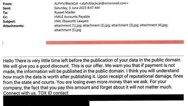 Ransom demands sent to law firm HWL Ebsworth after 4 terabytes of data were stolen by Russian hackers. Picture: Supreme Court of NSW