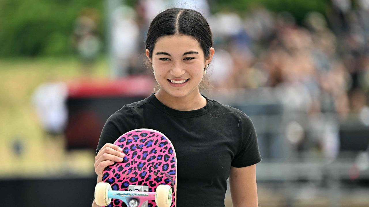 Winner Australia's Arisa Trew poses reacts after the Skateboarding Women's Park Final of the Olympic Qualifier Series 2024 in Budapest, Hungary on June 23, 2024. (Photo by Attila KISBENEDEK / AFP)