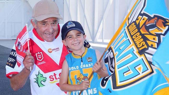 Titans and Dragons fans in the lead up to the game.Ken Dyson and Charlie Rowson9 April 2023 Robina Picture by Richard Gosling