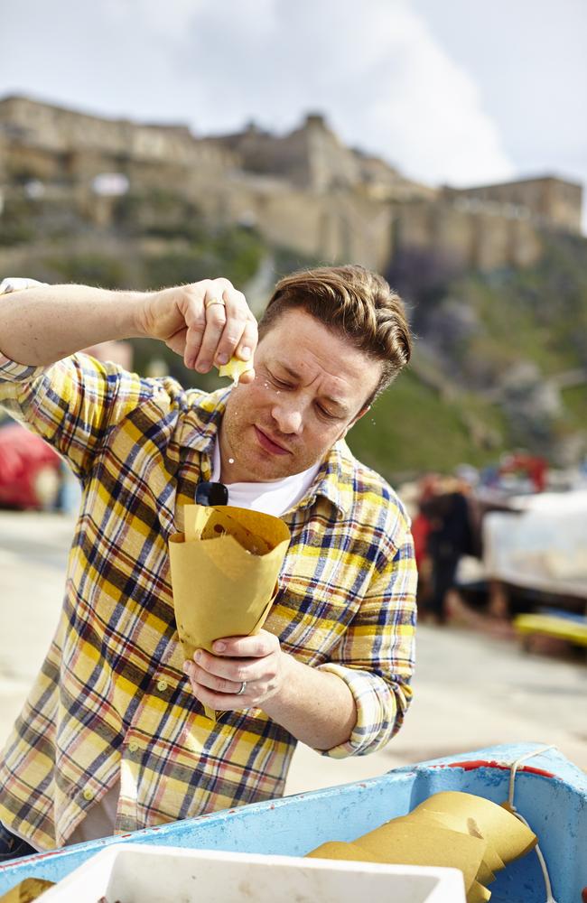 Jamie Oliver while filming his recent TV show Jamie and the Nonnas in Italy. Picture: Supplied