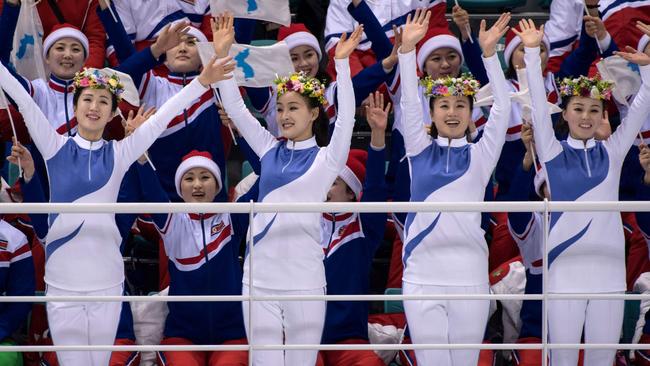 North Korean cheerleaders at the ice hockey match between Sweden and Unified Korea. Picture: AFP