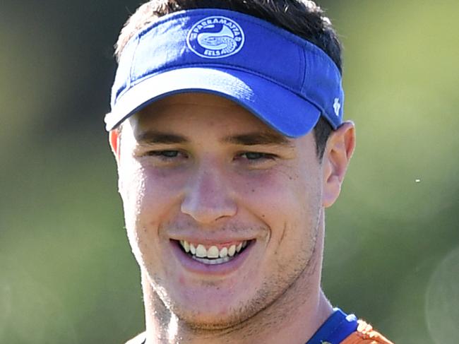 Parramatta Eels player Mitchell Moses takes part in a team training session at the Old Saleyards Reserve, in Sydney, Monday, April 1, 2019. (AAP Image/Joel Carrett) NO ARCHIVING