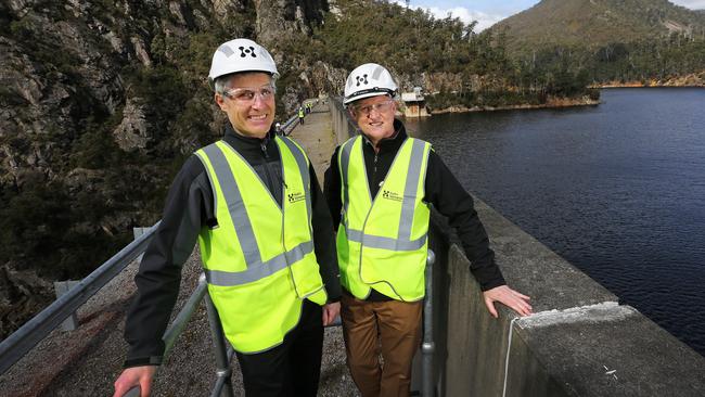 Australian Renewable Energy Agency CEO Ivor Frischknecht, left, and Hydro Tasmania CEO Steve Davy at the Cethana Power Station last year. Picture: CHRIS KIDD