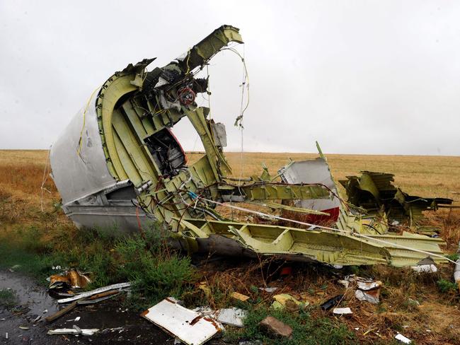 (FILES) In this file photo taken on September 09, 2014 shows part of the Malaysia Airlines Flight MH17 at the crash site in the village of Hrabove (Grabovo), some 80km east of Donetsk. Moscow on May 24, 2018 rejected an international investigation that found a Russian missile downed flight MH17 over Ukraine in 2014, saying no such weapon had ever crossed the Russian-Ukrainian border.  