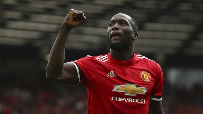 Manchester United's Romelu Lukaku celebrates scoring his side's second goal of the game during the English Premier League soccer match between Manchester United and West Ham United.