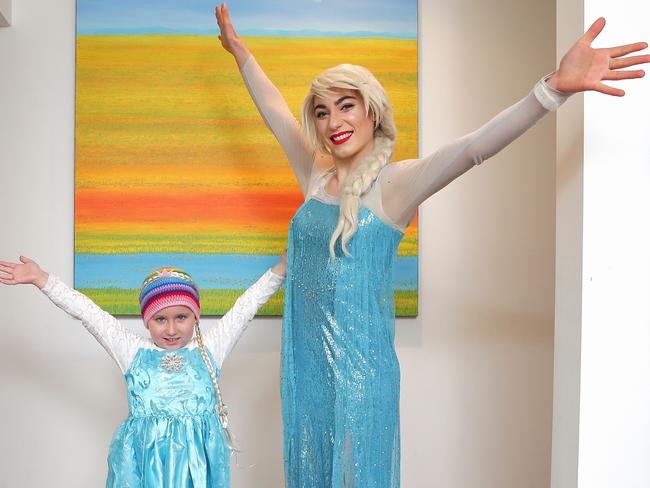 Ruby celebrates her fifth birthday with “Elsa from Frozen” played by Emilia Kriketos. Picture: Adam Ward