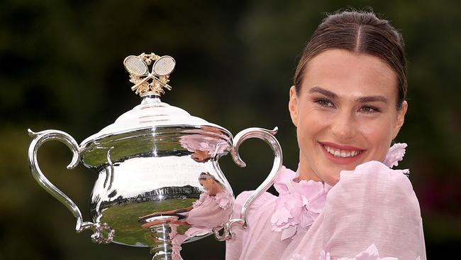 Aryna Sabalenka with the Daphne Akhurst Memorial Cup on Sunday. Picture: Getty Images