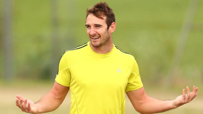 Jobe Watson gestures after speaking to the media about his AFL playing future. (Photo by Scott Barbour/Getty Images)