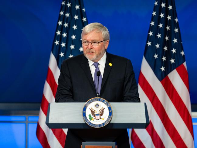 Kevin Rudd, president of the Asia Society, introduces Antony Blinken, US secretary of state, not pictured, at George Washington University in Washington, D.C. US, on Thursday, May 26, 2022. Blinken used his remarks to explain existing policies rather than unveil any bold new direction that includes a strategy of investing in democracy and innovation at home. Photographer: Eric Lee/Bloomberg via Getty Images