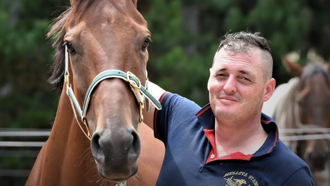 Launceston Cup contender Traveling Gigolo with trainer Scott Brunton. Picture: Peter Staples