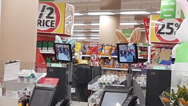 Cameras have been installed at self-serve checkouts in Coles' Forest Hill store, and have been decorated with bunny ears. Picture: Supplied